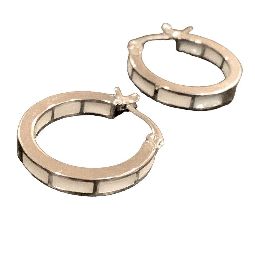 Men’s Faux Opal Inlay Huggies, Small Silver Tone Hoop Earrings